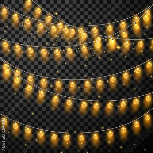 Yellow festive garlands of decorative lanterns on shiny transparent background.