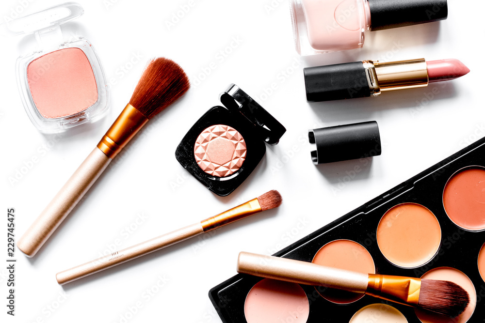 decorative cosmetics nude on white background top view decorative cosmetics nude on white background top view