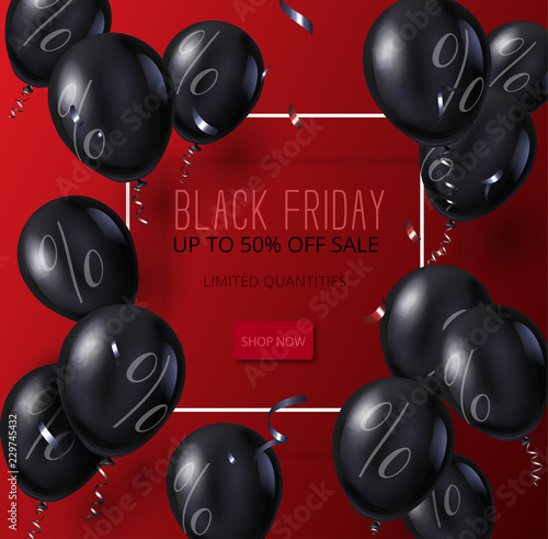 Black friday sale red promo poster with shiny balloons.