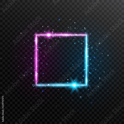 Neon square frame. Bright blue and violet glowing banner with sparkles, flares and stars. Electric bright 3d border. Shining dynamic banner. Glowing futuristic frame. Vector illustration