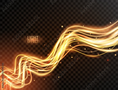 Magic light. Gold wavy dynamic lines with sparkles on transparent background. Futuristic waves in speed motion. Glowing swirl trail. Light painting effect. Vector illustration