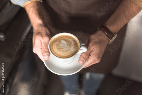 cropped shot of barista holding cup of fresh made cappuccino