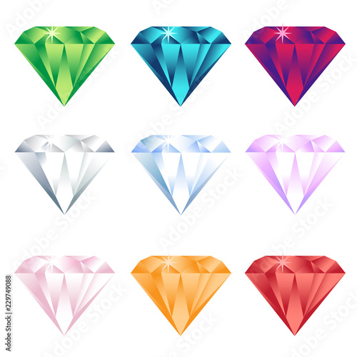 Colorful cartoon diamonds icons realistic vector set