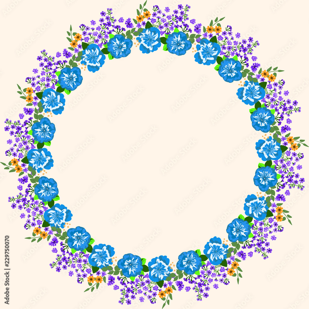 Floral round frame from cute petunia flowers. Greeting card template. Design artwork for the poster, tee shirt, pillow, home decor. Summer flowers with green leaves. Floral round frame from cute petunia flowers. Greeting card template. Design artwork for the poster, tee shirt, pillow, home decor. Summer flowers with green leaves.
