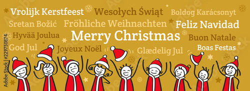 Jubelnde Strichmännchen in Nikolauskostümen, Banner, Weihnachtsgruß, Fröhliche Weihnachten in verschiedenen Sprachen
