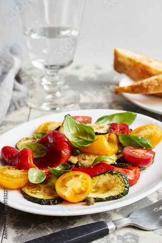 Vegetable antipasti salad with basil on plate photo