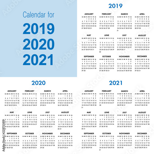 Vector calendar for 2019 2020 2021 year. Week starts sunday