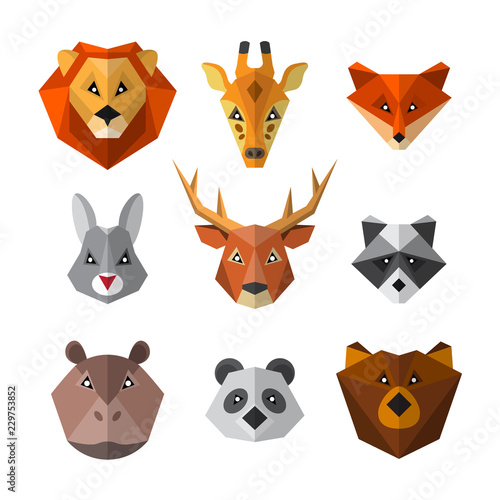 Set of wild animals in low poly style. Animal icon collection