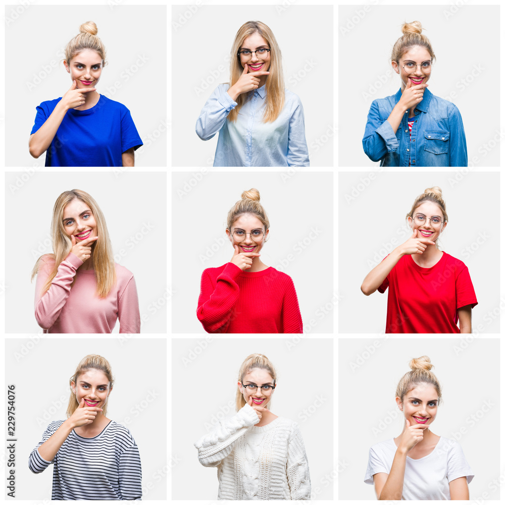 Obraz premium Collage of young beautiful blonde woman over white isolated background looking confident at the camera with smile with crossed arms and hand raised on chin. Thinking positive.