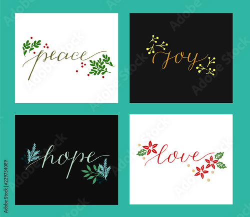 Collection with 4 Holiday cards made hand lettering Love, hope, peace, joy.