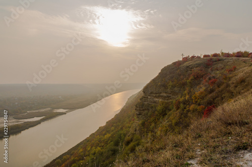 Beautiful autumn landscape with a river in the early morning, The Dniester river in Moldova near the village of Tipovo