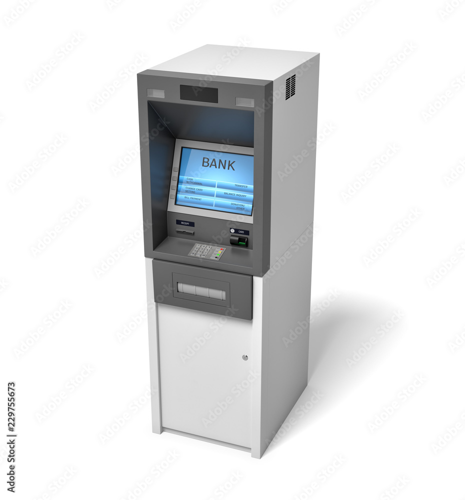 3d rendering of an isolated bank ATM machine with a lit blue screen on white background. 3d rendering of an isolated bank ATM machine with a lit blue screen on white background.