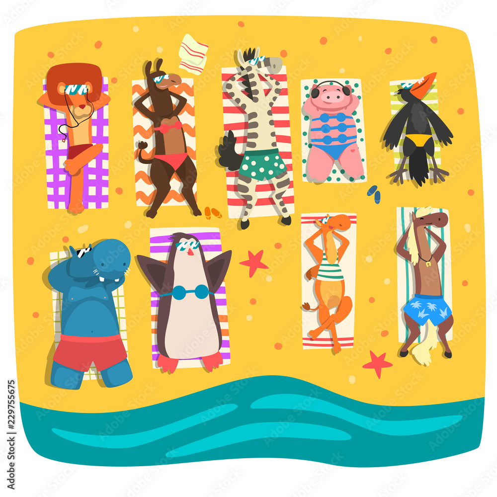 Fototapeta premium Wild animals sunbathing on the beach, cute animals cartoon characters relaxing on the seashore at summer vacation vector Illustration on a white background