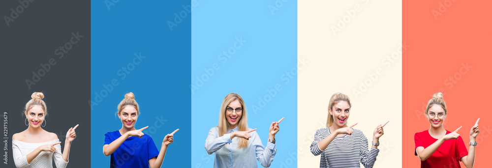 Fototapeta premium Collage of young beautiful blonde woman over vivid colorful vintage stripes isolated background smiling and looking at the camera pointing with two hands and fingers to the side.