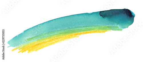 Bright turquoise blue and yellow brush stroke painted in watercolor on clean white background