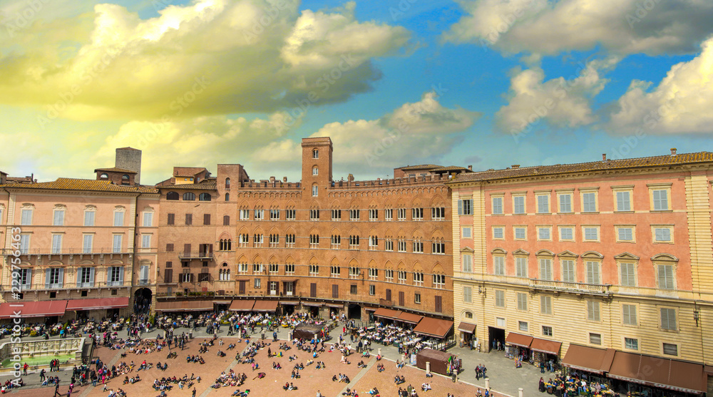 Siena, Italy. Beautiful wideangle view of Piazza del Campo in Spring Season