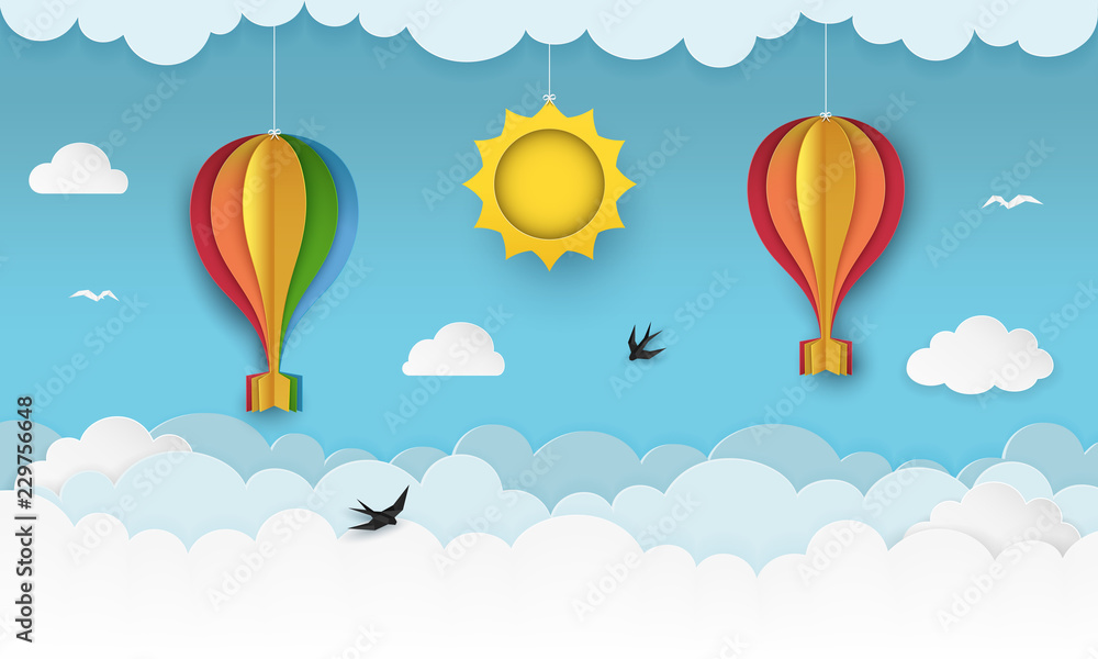 custom made wallpaper toronto digitalClear blue sky with clouds, flying birds, hanging sun and hot air balloons with bows. Swallows flying in the sky. Paper craft summer scenery background. Cute cartoon wallpaper. Vector Illustration.
