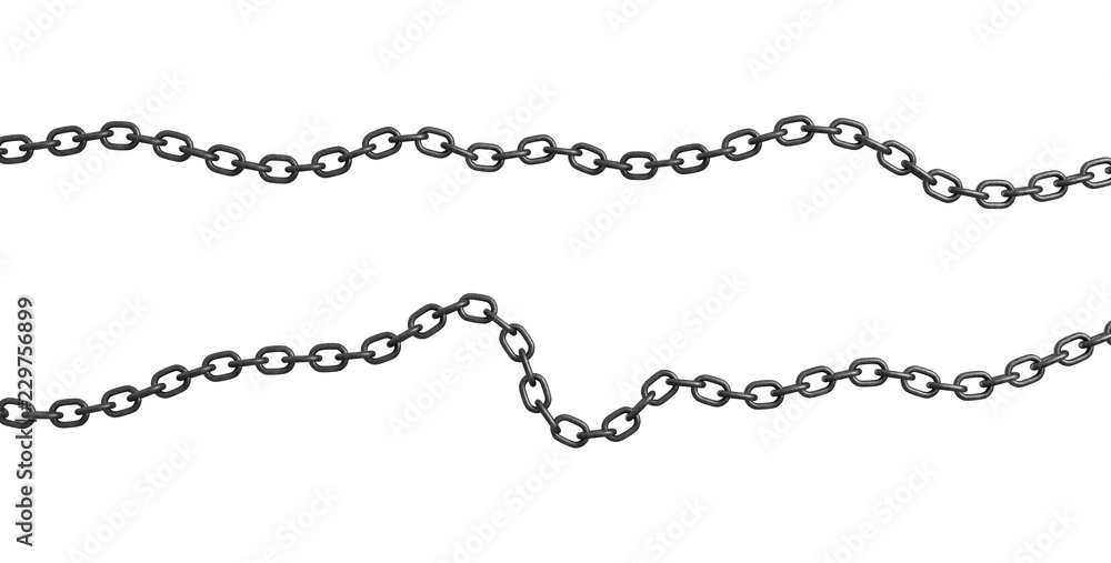 3d rendering of two strips of metal chains lying curled on a white background. 3d rendering of two strips of metal chains lying curled on a white background.