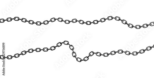 3d rendering of two strips of metal chains lying curled on a white background.