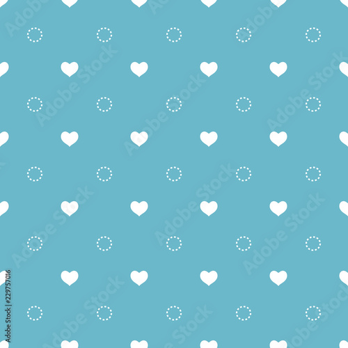 White hearts and circles on a light blue background. Seamless repeating  pattern.