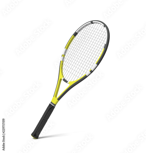 3d rendering of a professional tennis racquet with black and yellow stripes.