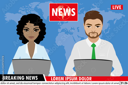 TV news anchors reporting breaking news,Man and woman news anchors,