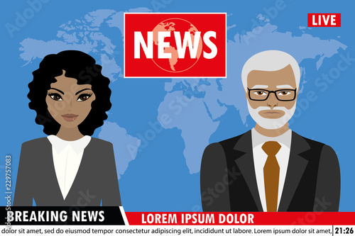 TV news anchors reporting breaking news,Man and woman news anchors,