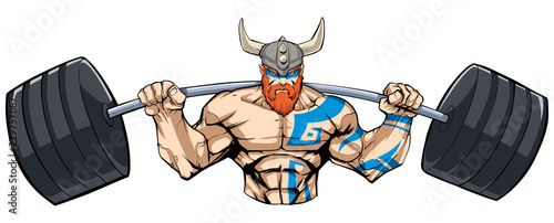 Illustration of strong Viking warrior doing squats with a barbell on white background.