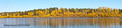 Beautiful panoramic view of the bank of the Irkut River with yellowed trees in the coastal forest on an autumn windy sunny day