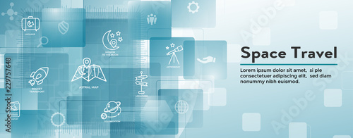 Space Travel or Tourism Web Header Banner with spaceship, telescope, and planets