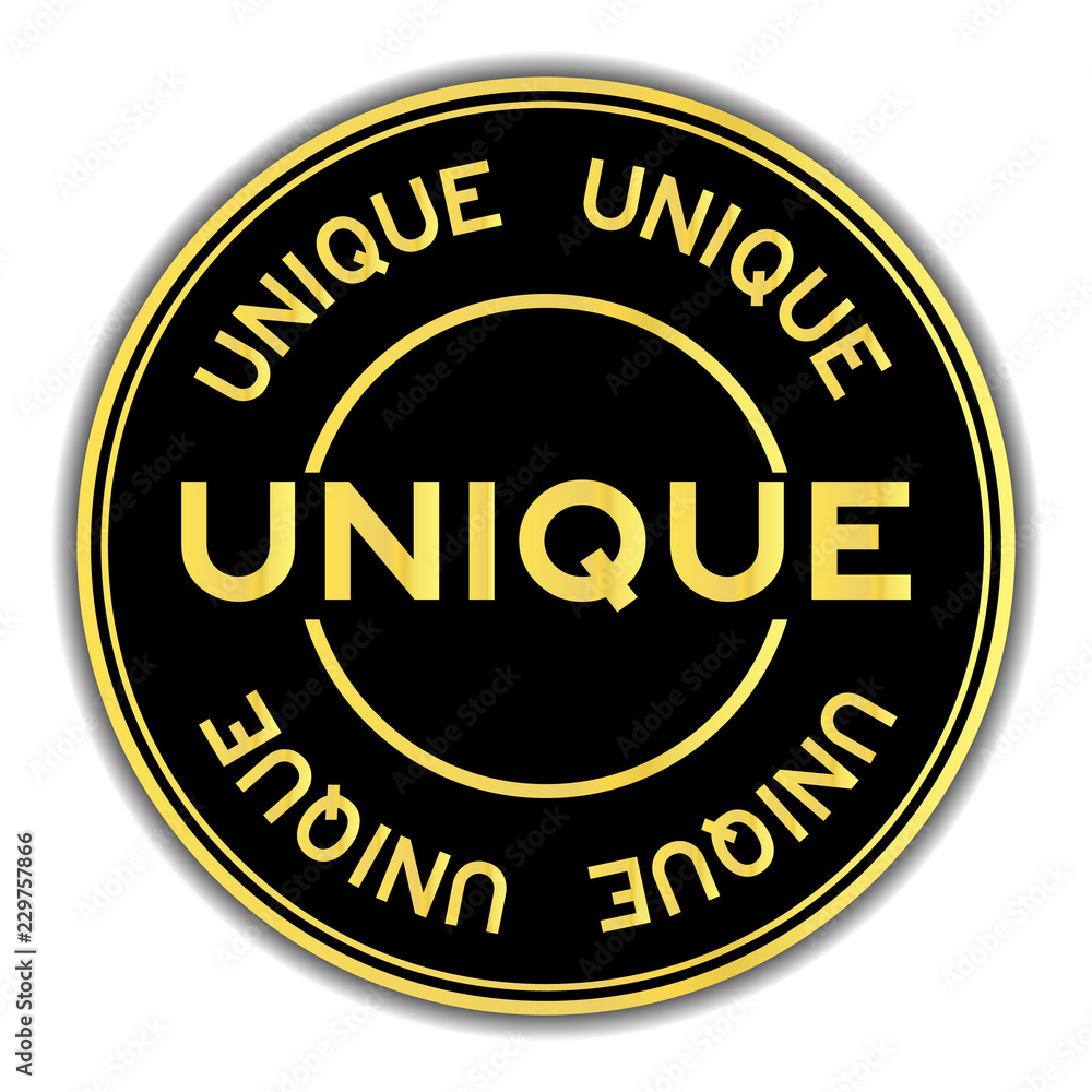 Gold and black color sticker in word unique on white background