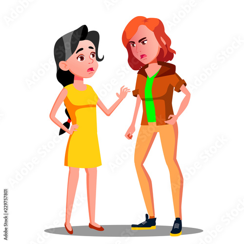 Teen Female Conflict Of Young People, Fight, Violence Vector. Isolated Illustration