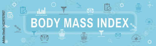 BMI or Body Mass Index Icons with scale, indicator, & calculator