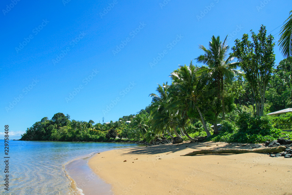 Sandy beach exotic island coast near Salelesi village during sunny day, Upollu Island Western Samoa, Polynesia, Pacific Ocean Sandy beach exotic island coast near Salelesi village during sunny day, Upollu Island Western Samoa, Polynesia, Pacific Ocean