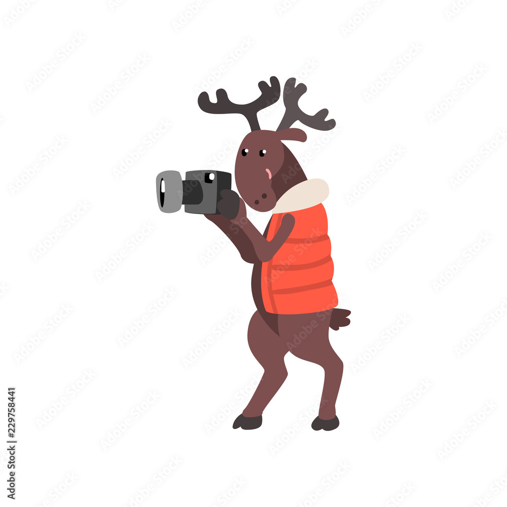 Deer in warm vest taking pictures with a camera, funny animal cartoon character traveling on vacation vector Illustration on a white background Deer in warm vest taking pictures with a camera, funny animal cartoon character traveling on vacation vector Illustration on a white background