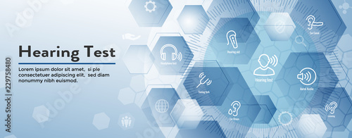 Hearing Test w Hearing Aid or loss / Sound Wave Images Set Web Header Banner