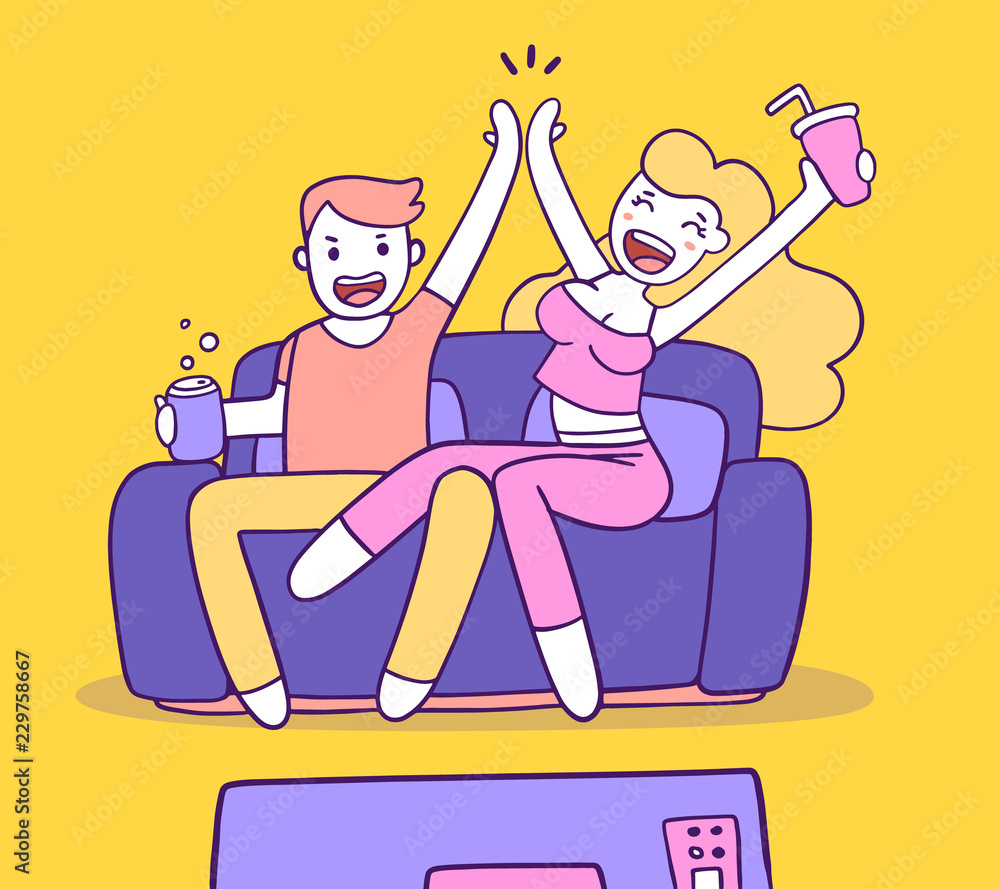 Sport fan rejoice at team victory concept. Vector illustration of happy woman and man sitting on sofa high five.