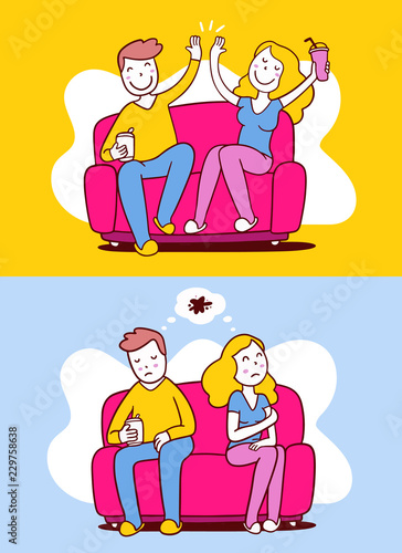 Vector illustration of woman and man sitting on sofa in different poses. Positive and nefative communication of people concept.