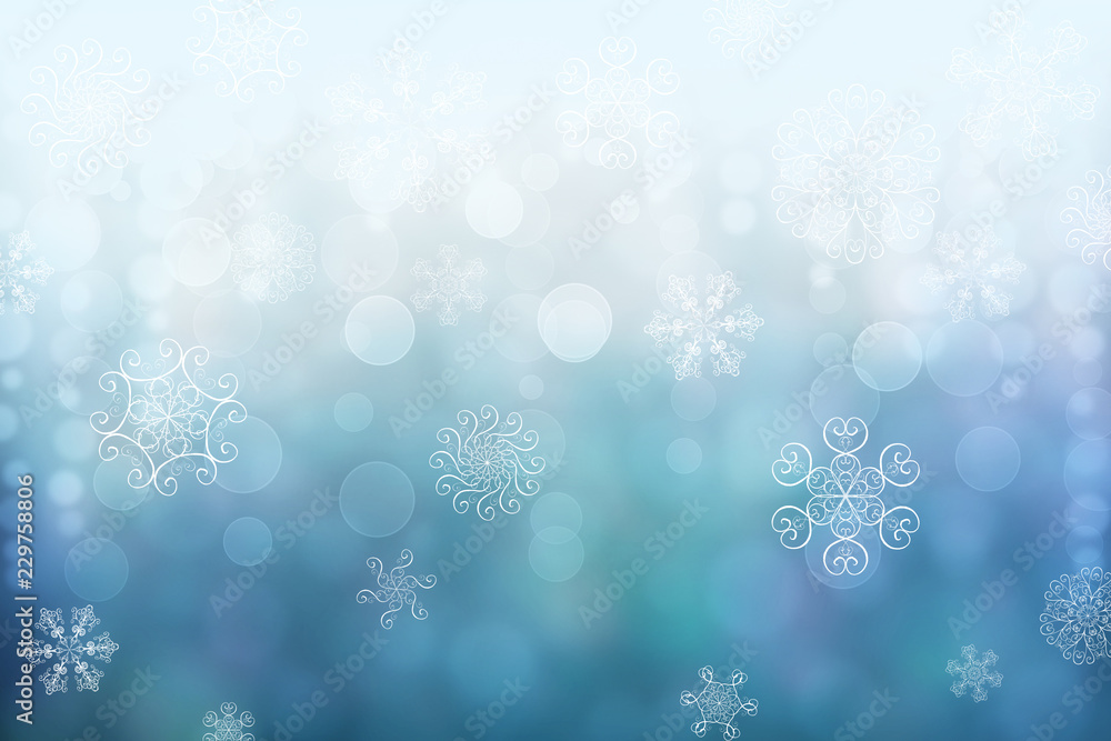 Christmas abstract winter shiny snow bokeh background with unique snowflakes Christmas abstract winter shiny snow bokeh background with unique snowflakes