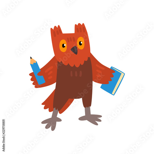 Cute owl bird cartoon character with pencil and book, school education and knowledge concept vector Illustration on a white background