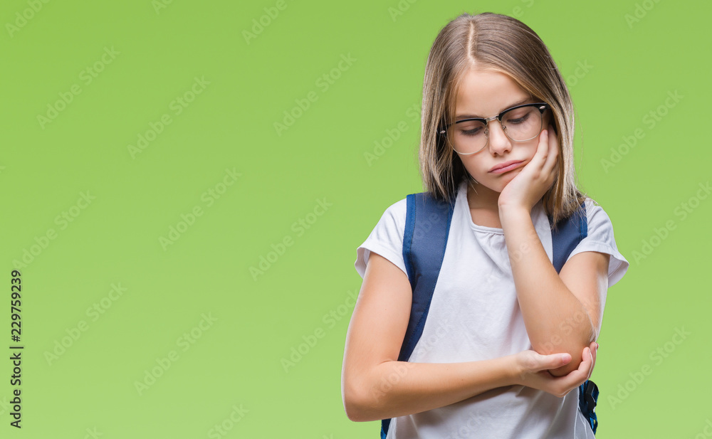 Young beautiful smart student girl wearing backpack over isolated background thinking looking tired and bored with depression problems with crossed arms. Young beautiful smart student girl wearing backpack over isolated background thinking looking tired and bored with depression problems with crossed arms.