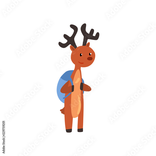 Cute deer animal cartoon character standing with backpack, school education and knowledge concept vector Illustration on a white background