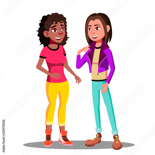 Girls Actively Discuss With Gestures Vector. Isolated Illustration