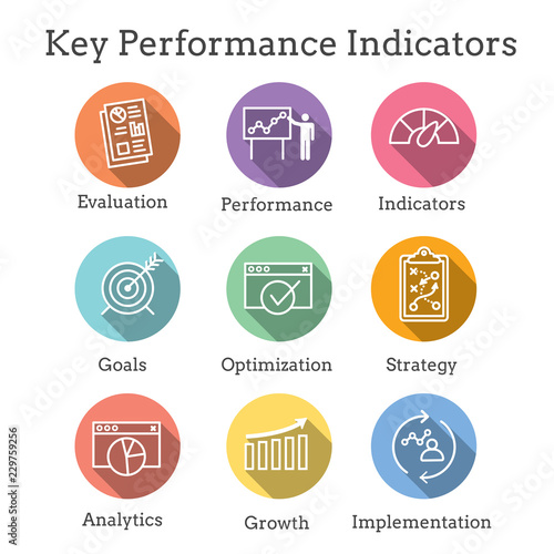 KPI - Key Performance Indicators Icon set with Evaluation, Growth, Strategy, etc