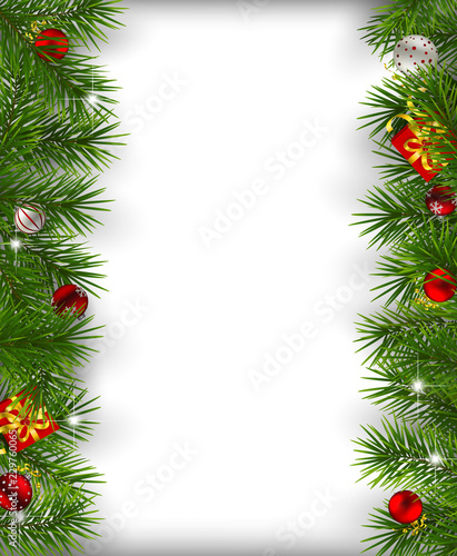 Borders made of fir branches decorated with baubles and gifts on white background. Christmas background with space for text.