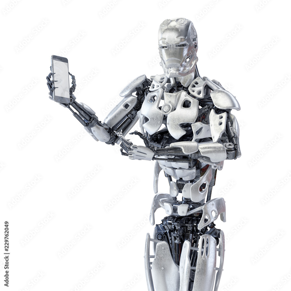 Robot pointing finger at smartphone with blank screen. Android, humanoid or cyborg technology concept. 3D illustration. Robot pointing finger at smartphone with blank screen. Android, humanoid or cyborg technology concept. 3D illustration.