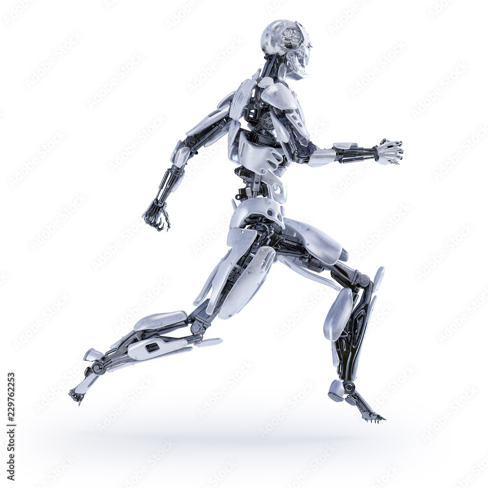 A robot jogger running. Sport fitness concept. 3D illustration A robot jogger running. Sport fitness concept. 3D illustration