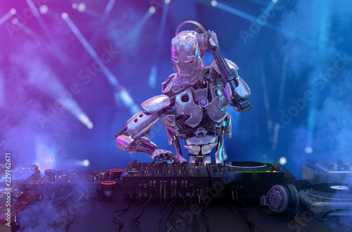 Robot disc jockey at the dj mixer and turntable plays nightclub during party. Entertainment  party concept. 3D illustration