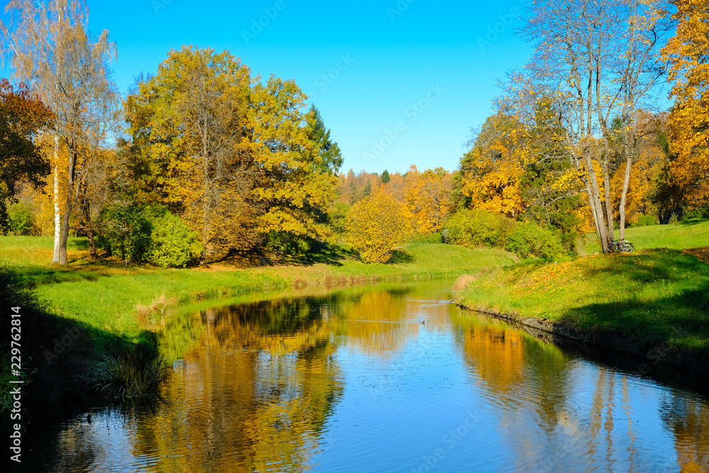 Beautiful autumn sunny landscape in Pavlovsk park with the Slavyanka river and trees with red and orange leaves, Pavlovsk, St. Petersburg.
