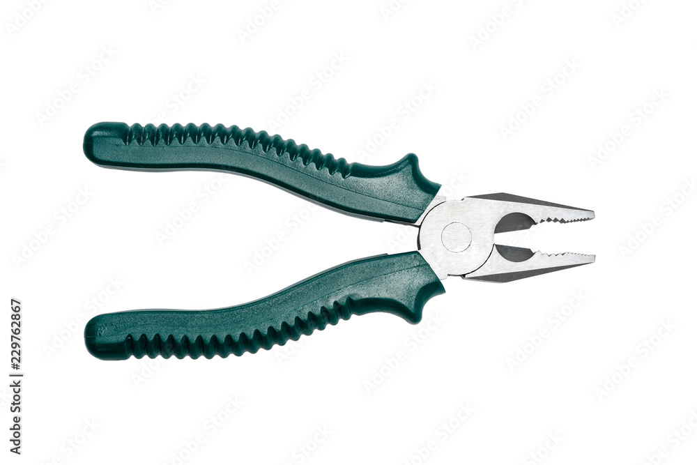 Obraz premium Pliers with green isolated handles on white background. Tool isolated on white, top view with clipping path.